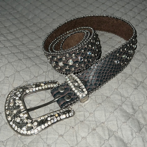 Western beaded brown pewter / silver color rhinestones belt Sz M/L - Picture 1 of 6